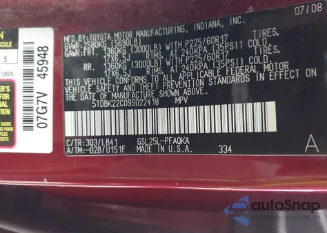 2009 Toyota Sienna Limited from USA, damaged, VIN 5TDBK22C09S022418